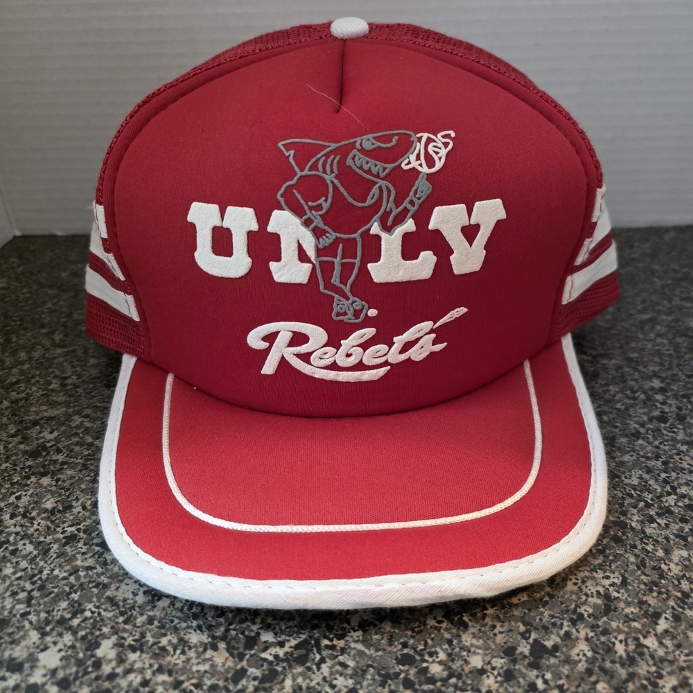 Vintage 90s UNLV Rebels Shark San Sun Trucker Hat Mesh Snapback Red Tarkanian